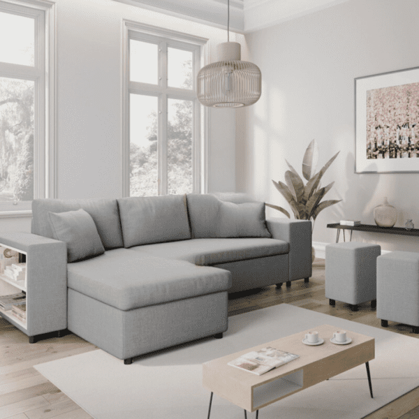 Contemporary corner sofa with built-in fabric shelf, designed with a modern L-shaped layout and plush upholstery