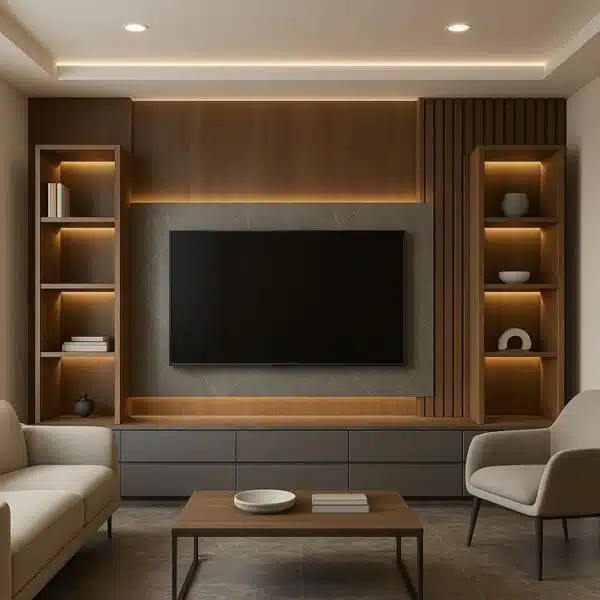 Modern Luxury TV Wall Unit with LED Backlit Shelves - Media wall design ...