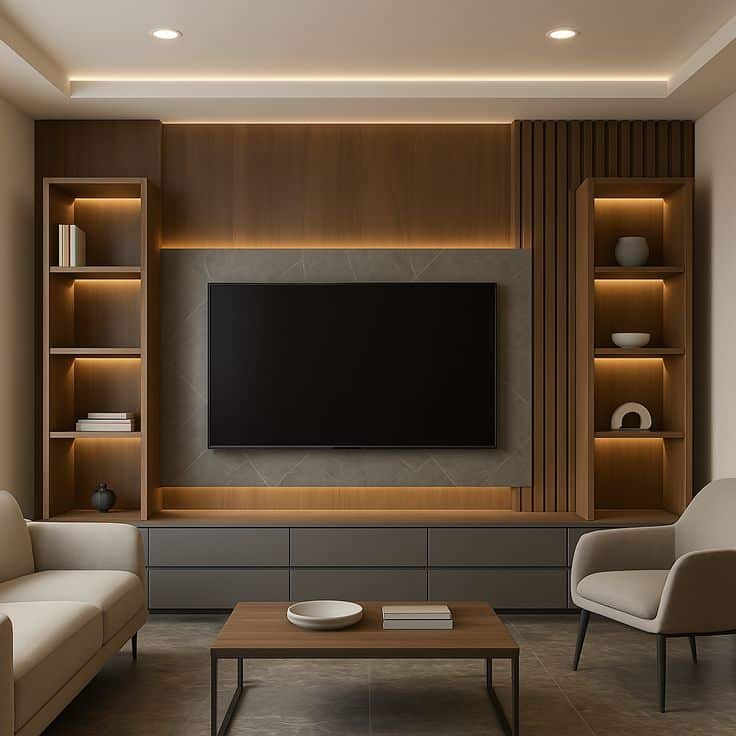 Modern Luxury TV Wall Unit with LED Backlit Shelves - Media wall design ...