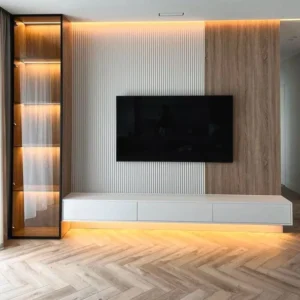 LED TV Wall Unit with Wooden Panels and Side Shelves